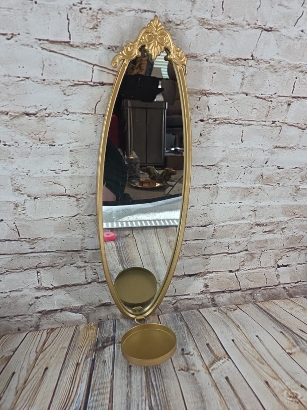 Gold Tone Wall Sconce Mirror with Candle Holder 18.5" tall